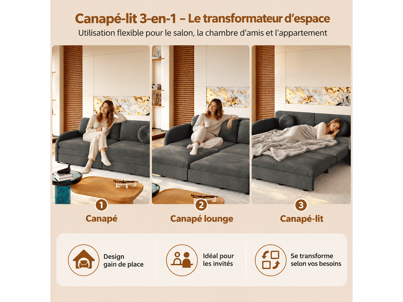  Canapé convertible 3 places 206 cm, 3-en-1 extensible avec rangement, couchage double, coussins amovibles, chenille, gris OMNIGLINT TRADING LTD - Conforama D