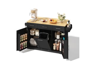 Desserte de cuisine à plateau rabattable avec 3 tiroirs, prises et roulettes, en mdf noir et naturel 136 × 75 × 92 cm