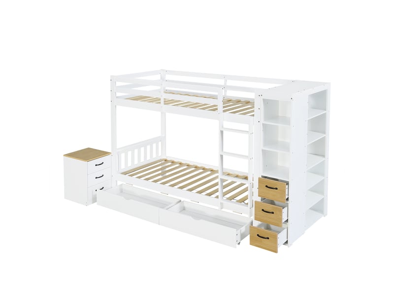 Lit superposé enfant 90x200 cm - lit enfant avec armoires de rangement et tables de chevet - massif et mdf - blanc - Conforama A
