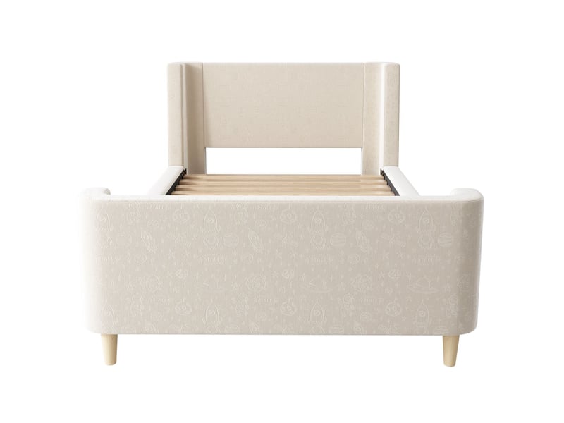  Lit rembourré 90x200 cm velours doux beige motif cosmique - lit enfant - design traîneau, sommier à lattes inclus, montage facile  - Conforama D