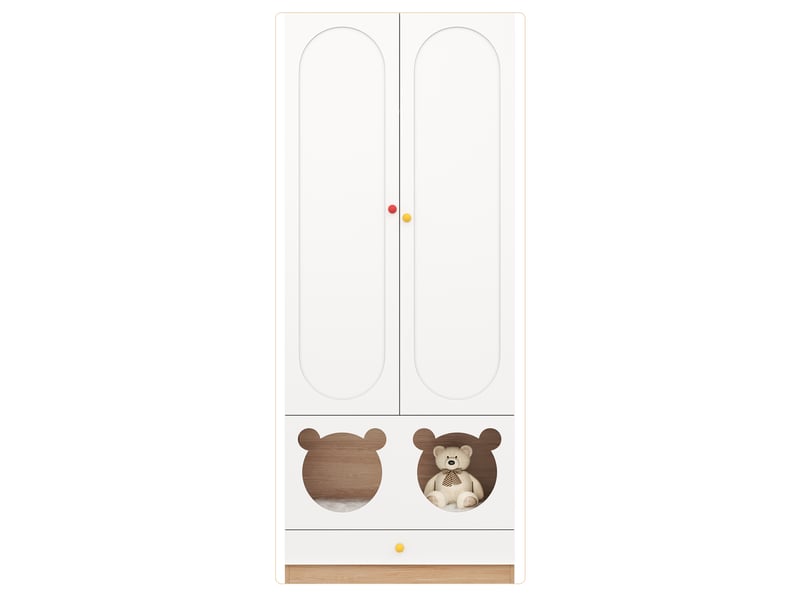  Armoire enfant 80x50x200 cm - 2 portes, penderie, étagères, tiroirs, design ours, blanc et bois  - Conforama A