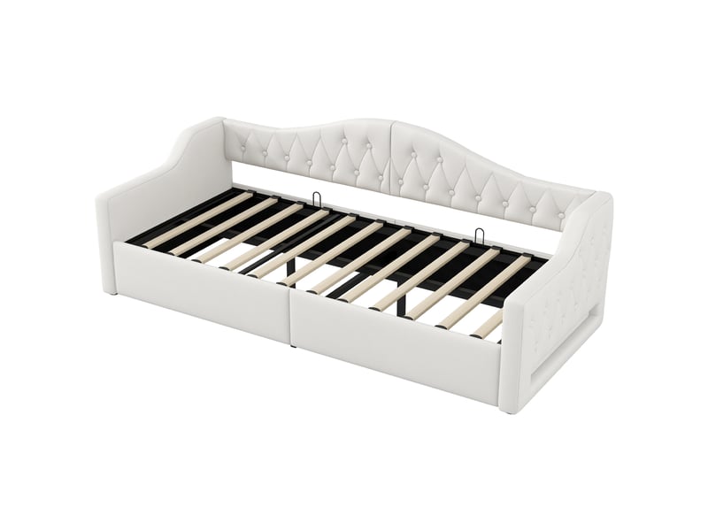  Lit banquette coffre 90 × 200 cm, dossier rembourré, rangement sous sommier relevable, éclairage led, lin beige  - Conforama A