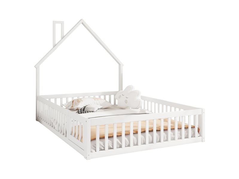  Lit enfant 140 × 200 cm 2 places avec barrières de sécurité et forme cheminée, sans matelas, en pin, blanc  - Conforama A