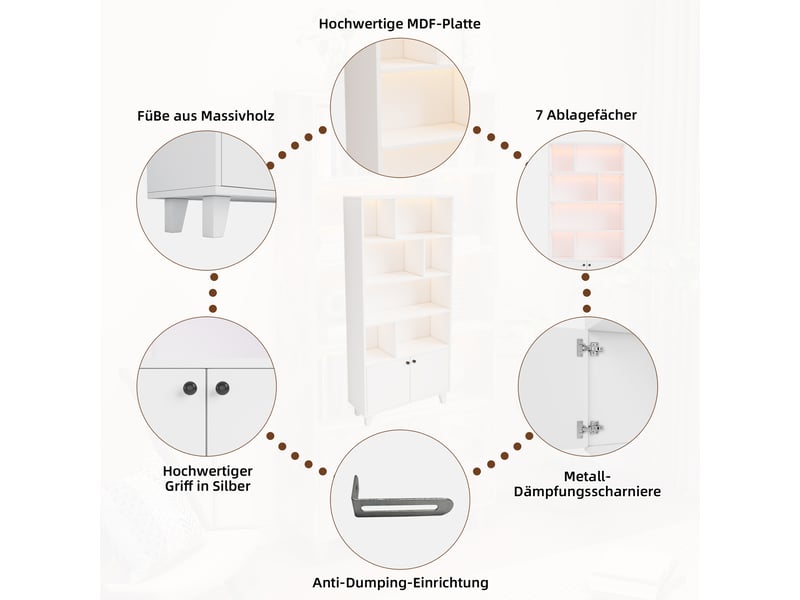  Bibliothèque 2 portes 7 compartiments led mdf et bois blanc 80x30x173 cm NK000105AAK - Conforama E