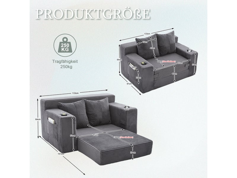  Canapé compact 2 places en velours côtelé, 2 coussins, porte-gobelet et poches latérales, 151 × 133 × 64 cm, gris YXY-0915-2 - Conforama C