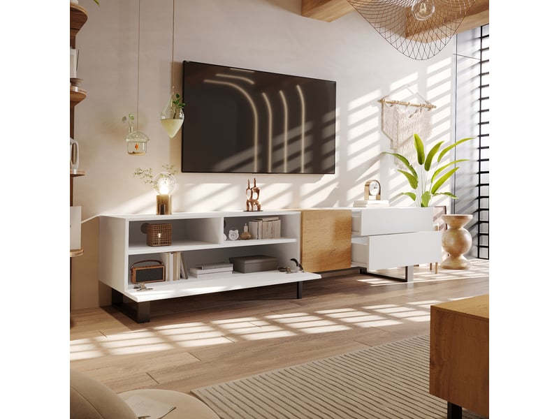  Meuble tv avec 2 portes, 2 tiroirs et 2 niches pour salon 180×38×50 cm en mdf blanc et bois  - Conforama C