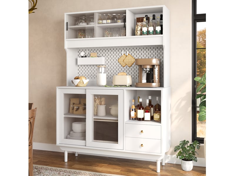  Buffet de cuisine avec 4 portes coulissantes en verre rainuré, 2 tiroirs et panneau perforé, blanc, 117 × 30 × 170 cm  - Conforama B