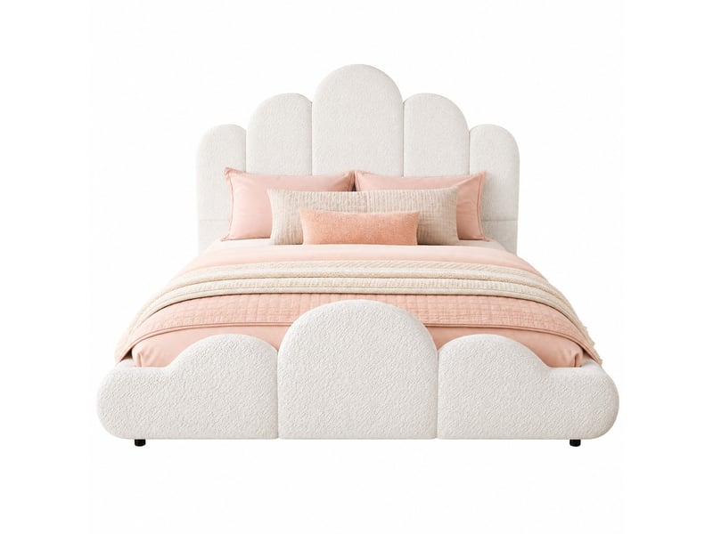  Lit simple enfant 140×200 cm, tête rembourrée et angles arrondis - okmyhome- bouclé beige, sans matelas  - Conforama A