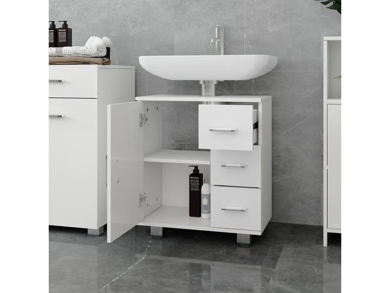 Ml-design meuble sous lavabo, blanc, 60 x 60,8 x 33 cm, avec 1 porte 2 étagères 3 tiroirs, panneau mdf finition mélaminée, armoire bas sur pied salle de bain, placard de rangement sous évier vasque 490001600 - Conforama C