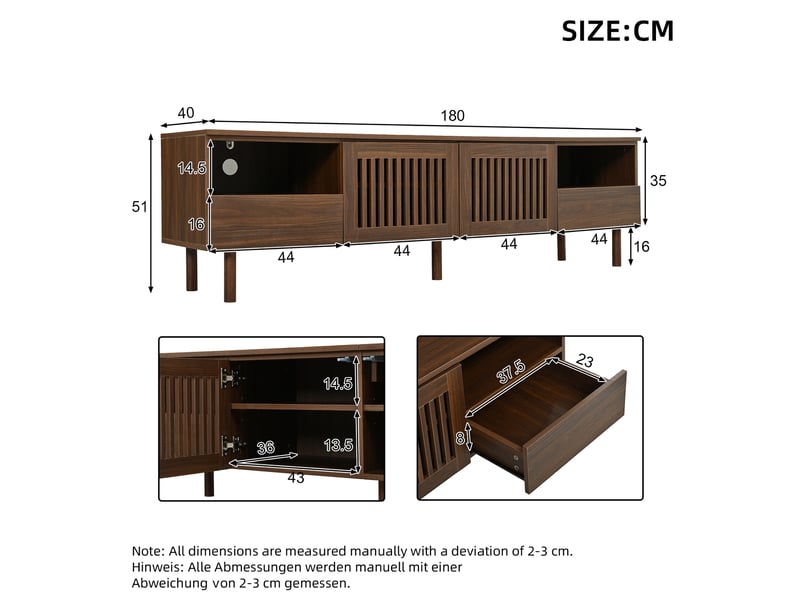  Meuble tv 180x40x51 cm avec 2 portes grillagées et 2 tiroirs, mdf, couleur teinte noyer, design simple  - Conforama C