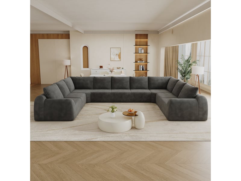 Canapé d’angle 9 places en forme u, canapé à compression de mousse, sans montage, chenille, gris foncé, 411x267x85 cm - Conforama B