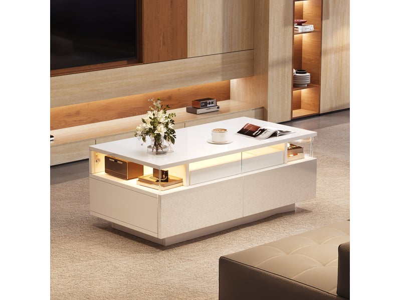  Table basse 90x45x35,5cm plateau amovible 2 tiroirs acrylique verre trempé led pilotable panneau de particules blanc  - Conforama R