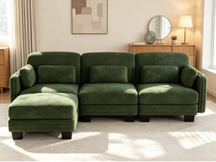 Canapé d’angle 3 places, forme l modulable, chenille, coussins lombaires et d’accoudoirs inclus, 1 ottomane, 253 × 143 × 88 cm, vert
