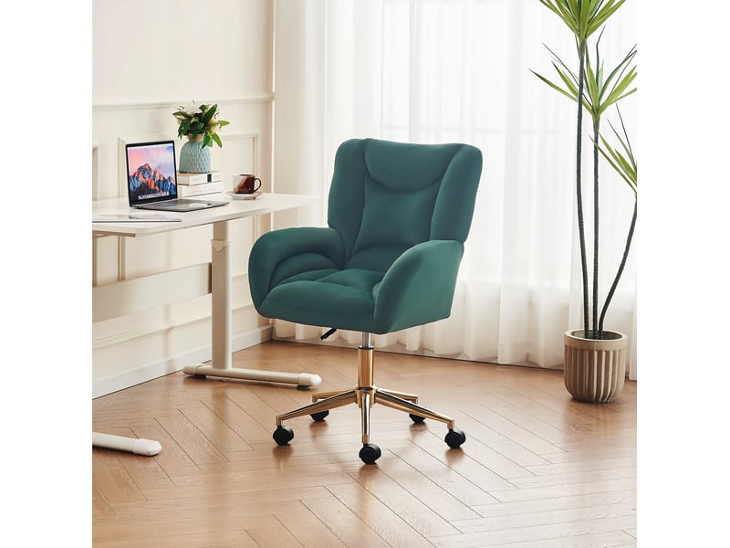  Chaise de bureau réglable en hauteur en velours vert, base en métal doré et roulettes pivotantes pour le télétravail  - Conforama E
