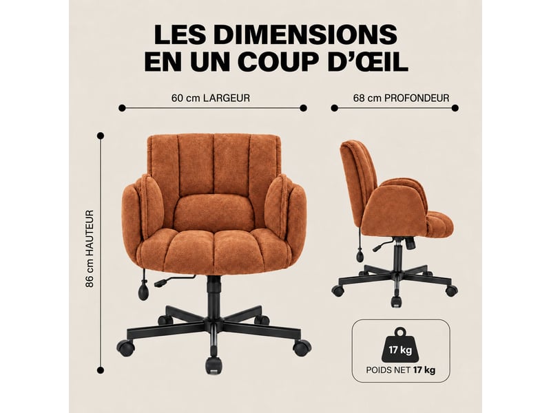 Fauteuil ergonomique tissu accoudoirs rabattables, coussin lombaire gonflable, assise large, pivot 360° 150kg-orange - Conforama B