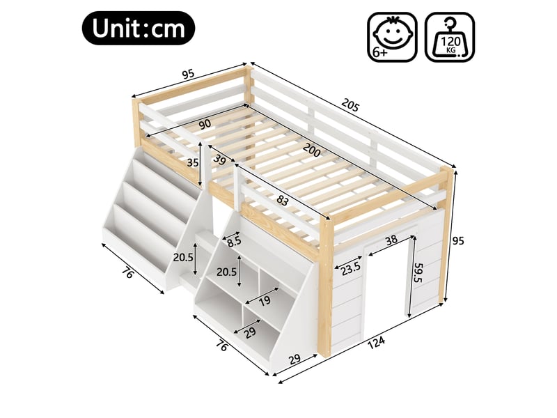  Lit mezzanine enfant mi-hauteur 90x200 cm, avec rangement, led, barrières de sécurité et échelle, bois de pin et mdf, blanc naturel  - Conforama C