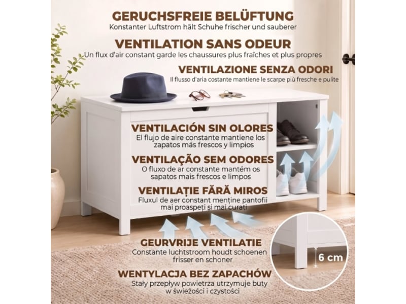  Banc à chaussures blanc avec étagère réglable et compartiment à rabat, rangement pratique  - Conforama E