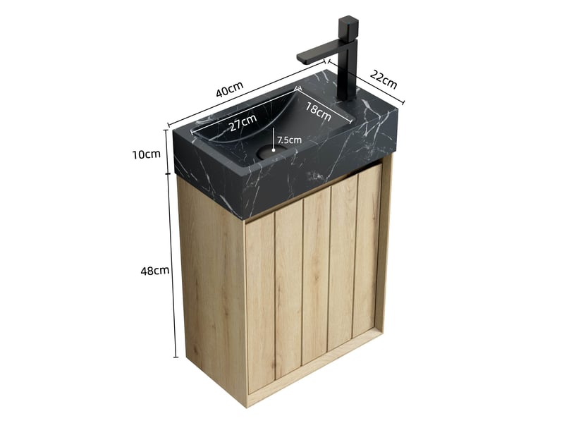  Meuble sous vasque avec 1 porte et vasque en marbre, pour salle de bain, noir et chêne blanc, 48×29×66 cm  - Conforama D