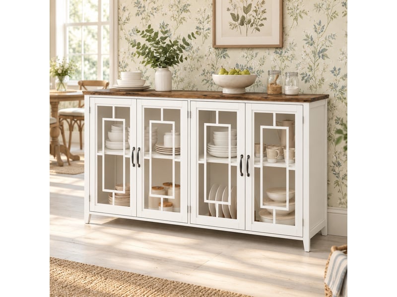  Buffet de cuisine 160x40x86 cm à portes vitrées, plateau effet bois rétro, mdf blanc  - Conforama D