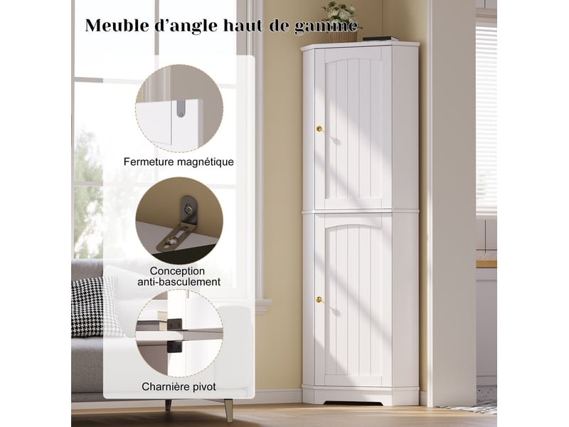  Meuble d’angle avec 2 portes et étagères réglables, pour cuisine, salon et salle à manger, mdf blanc, 42 × 42 × 166 cm  - Conforama E