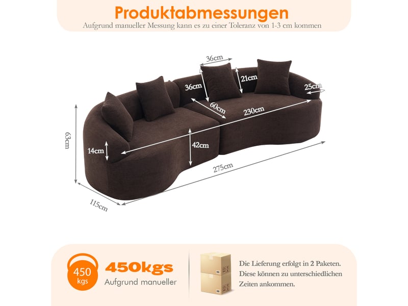  Canapé droit 4 places brun, sofa moderne modulaire en chenille livré en carton, confortable et gain de place pour salon et appartement, sans montage  - Conforama C