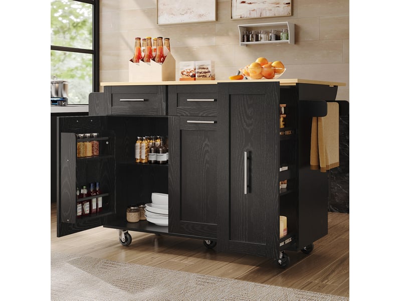  Desserte de cuisine 134,5 x 46 x 90,5 cm noire, mdf et métal, plateau pliant avec rangement sur roulettes  - Conforama B