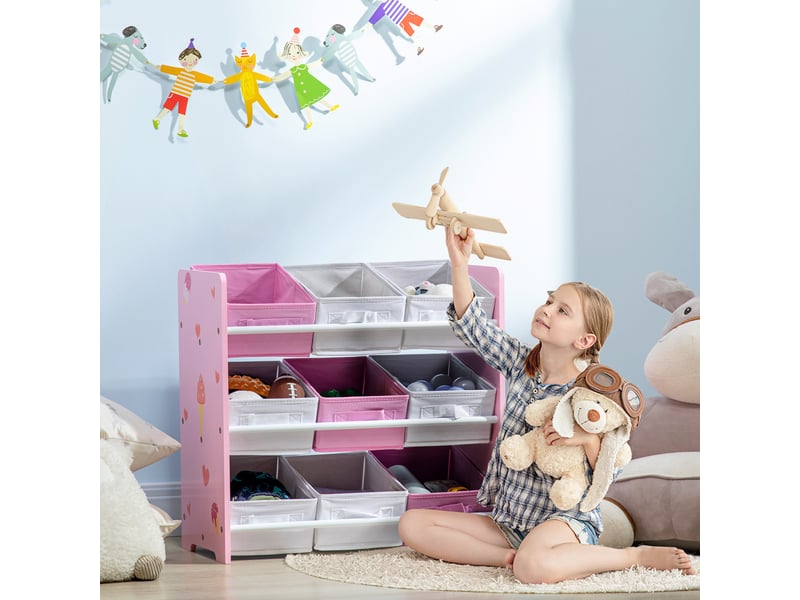  Armoire à jouets avec 9 paniers amovibles en bois et tissu, 63 x 30 x 60 cm, rose et blanc  - Conforama C
