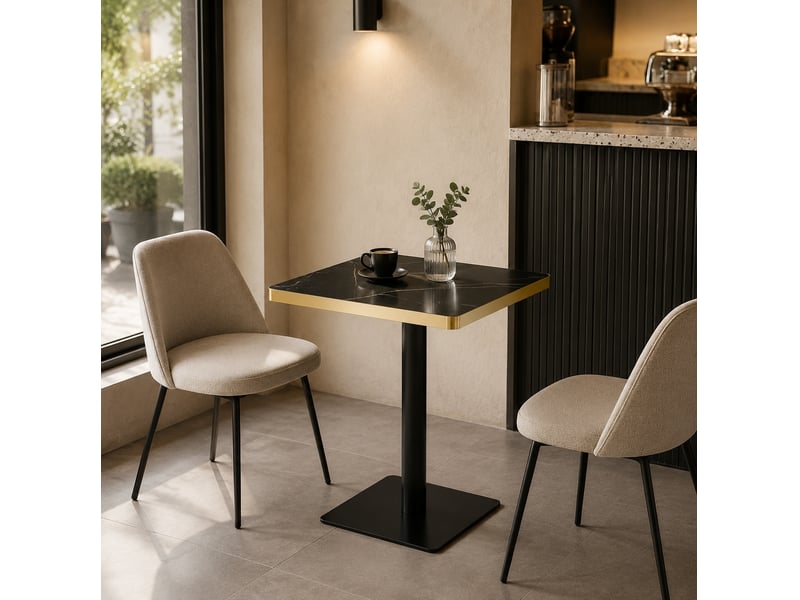  Table à manger carrée, 60x60x74 cm, effet marbre salle à manger et pratique, plateau mdf, piètement métal, coloris noir  - Conforama E