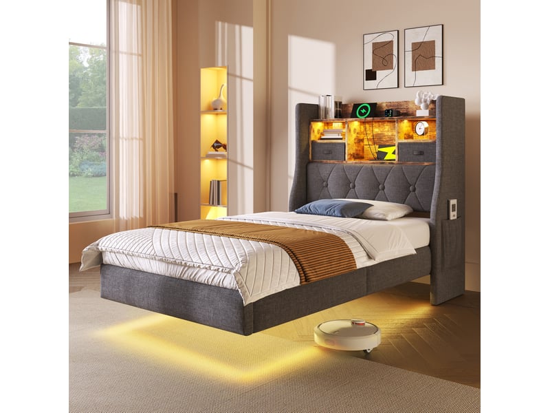  Modenvie lit 1 place 90x200 cm - led, ports usb et rangement de tete de lit - matelas inclus - gris  - Conforama D