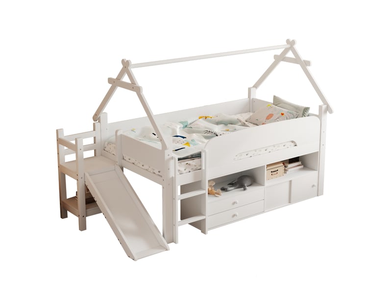  Lit enfant mezzanine rangement 90x200 bois massif toboggan toit maison homvra  - Conforama A