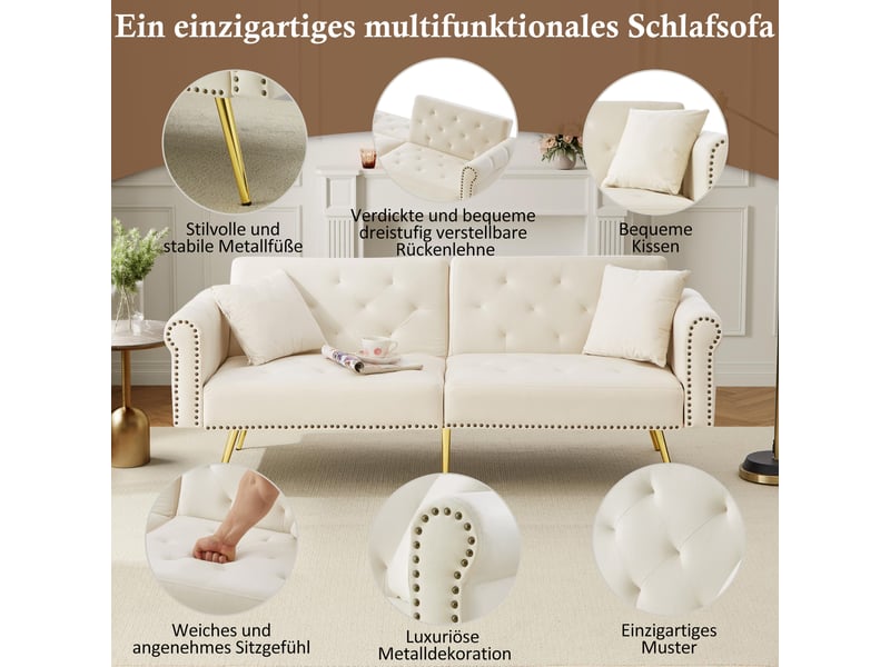  Canapé convertible, canapé-lit, en velours, dossier inclinable 3 positions, pieds en métal, 2 places, design moderne  - Conforama C