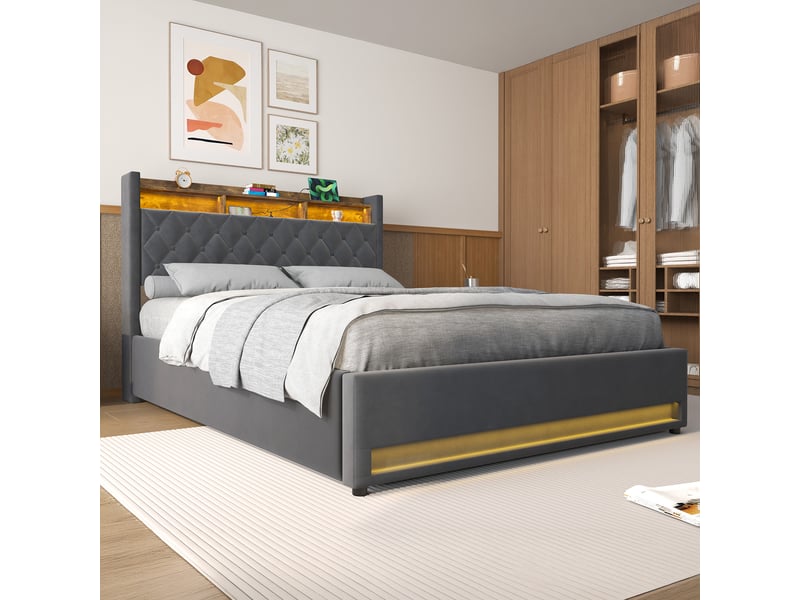  Lit rembourré ulevr en velours avec tête de lit, 160x200 cm, mousse haute résilience, gris foncé  - Conforama D