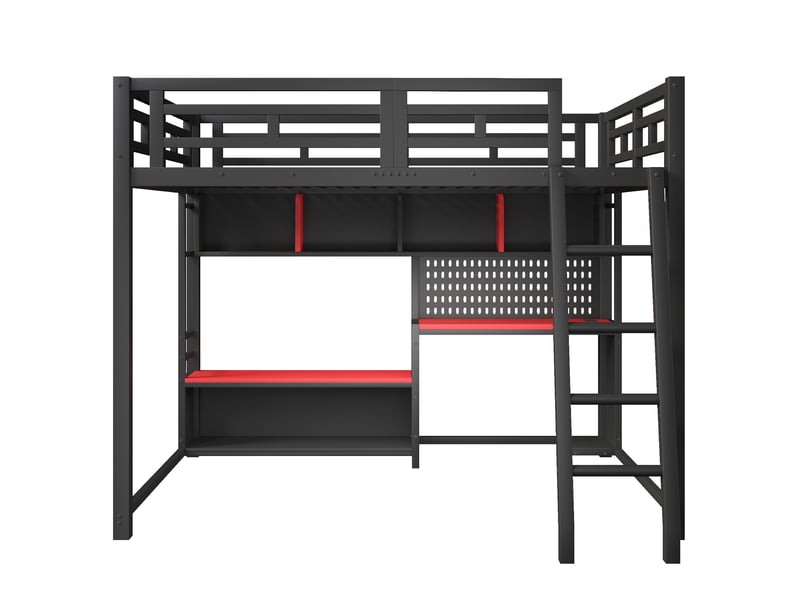  Lit superposé en métal 140x200 avec bureau style gaming, éclairage led et étagères de rangement, noir et rouge  - Conforama D