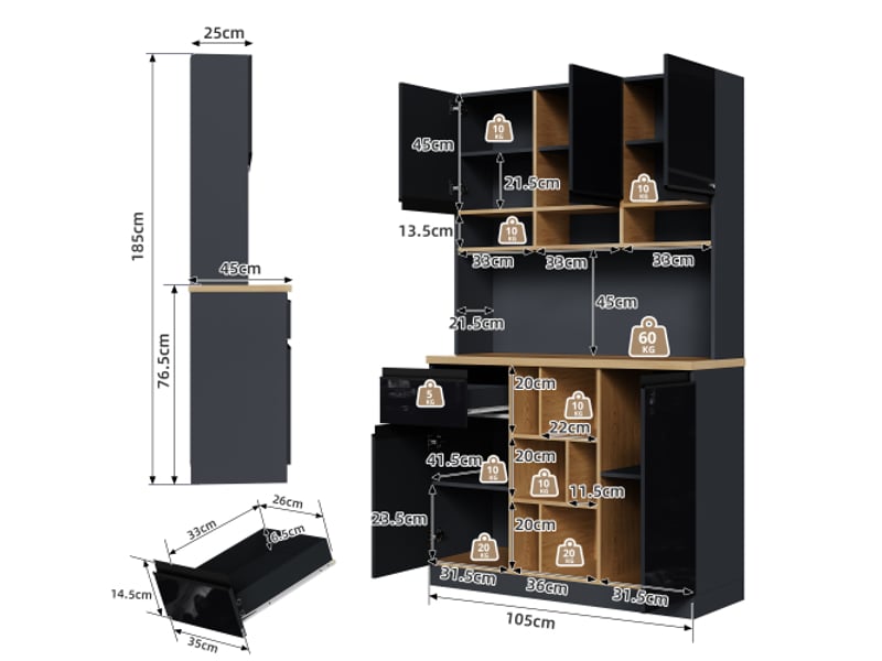  Buffet de cuisine haut, façades contrastées et étagères réglables, 105 × 45 × 185 cm, noir  - Conforama C