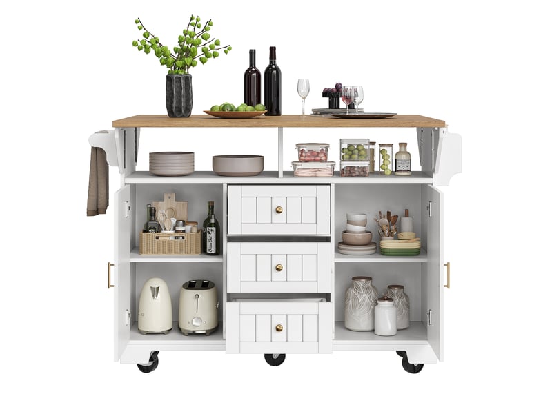  Îlot de cuisine 142,5x40(80)x95 cm avec 3 tiroirs et plateau pliable, bois et blanc  - Conforama A