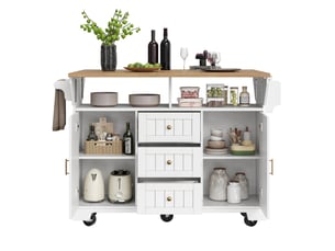 Îlot de cuisine 142,5x40(80)x95 cm avec 3 tiroirs et plateau pliable, bois et blanc