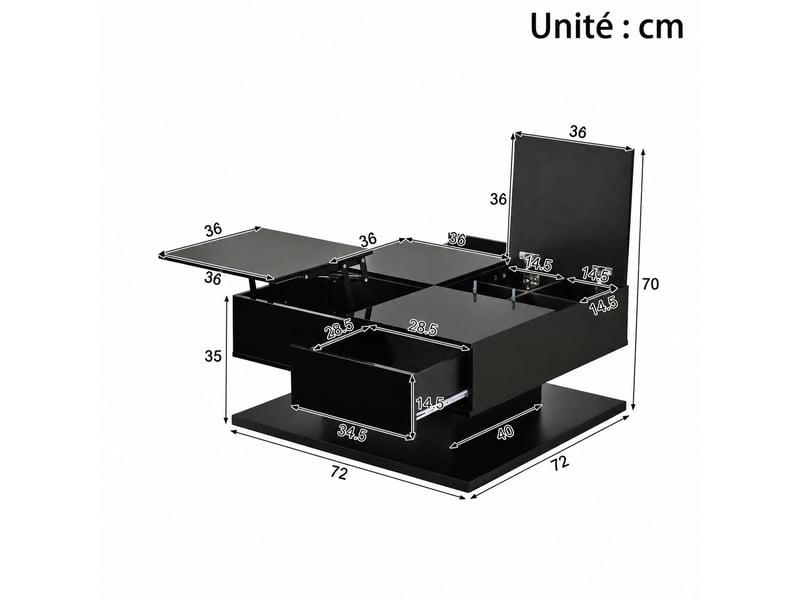  Table basse relevable noire brillante avec led intégrées et rangement, 72 x 72 x 35 cm  - Conforama C
