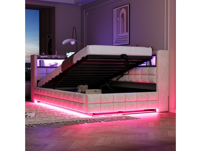  Lit banquette enfant coffre 90 x 200 cm avec led, usb, usb-c, prise et étagères, velours beige Fay Lum - Conforama E