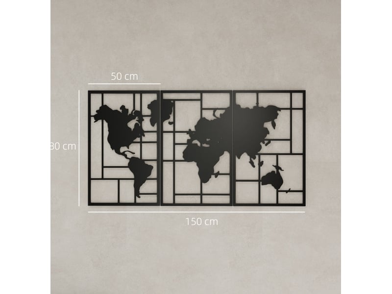  Décoration murale en métal 3 pièces 150 x 80 cm noire, carte du monde avec crochets préinstallés pour intérieur  - Conforama C