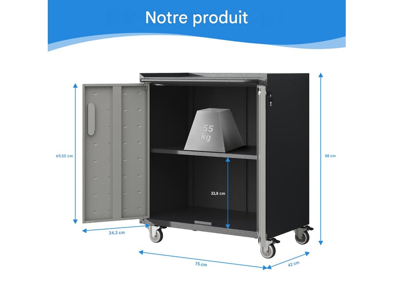  Armoire d'atelier à roulettes en métal noir et gris 75.01 x 42 x 88.01 cm T3237P359355 - Conforama C