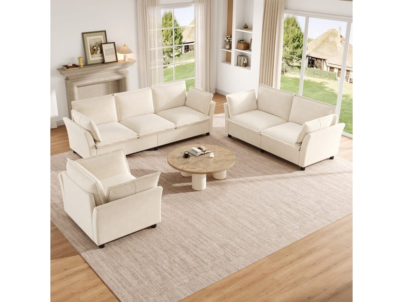  Ensemble canapés modulables 3-2-1 en tissu chenille beige, avec coussins, rembourrage moelleux, sans montage N653P402A-123 - Conforama D