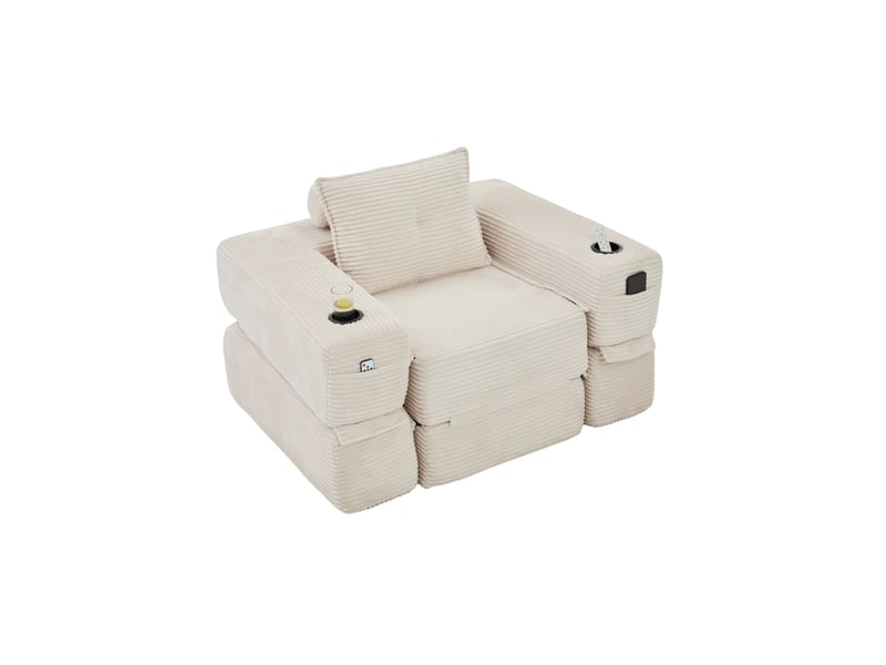  Canapé droit convertible 1 place en velours côtelé beige, avec poche latérale et porte-gobelet intégré  - Conforama A