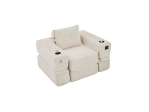 Canapé droit convertible 1 place en velours côtelé beige, avec poche latérale et porte-gobelet intégré