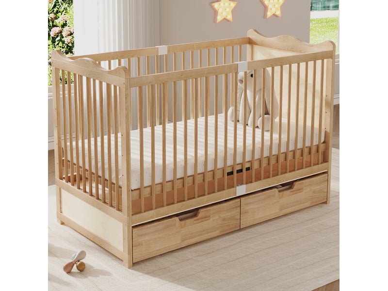 Lit bébé 70 × 140 cm à barreaux avec 2 tiroirs sur roulettes et sommier réglable sur 4 hauteurs en pin naturel pour chambre - Conforama D
