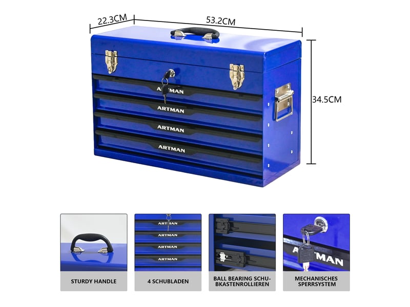 Boîte à outils en acier bleu 53,2 cm avec tiroirs, plateau supérieur et verrouillage sécurisé pour atelier - Conforama C