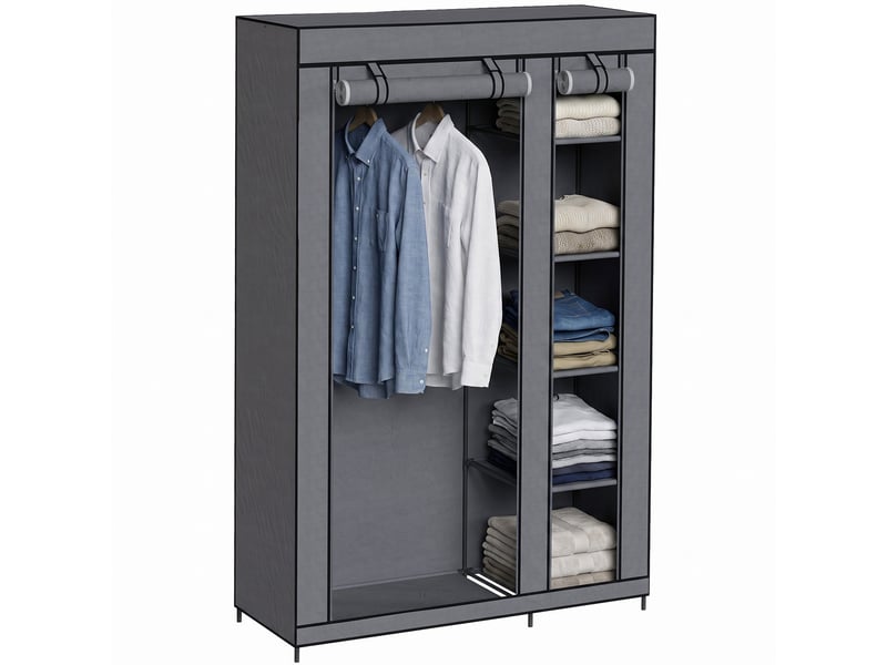  Armoire mobile en tissu avec tringle et 5 compartiments de rangement, grise  - Conforama A