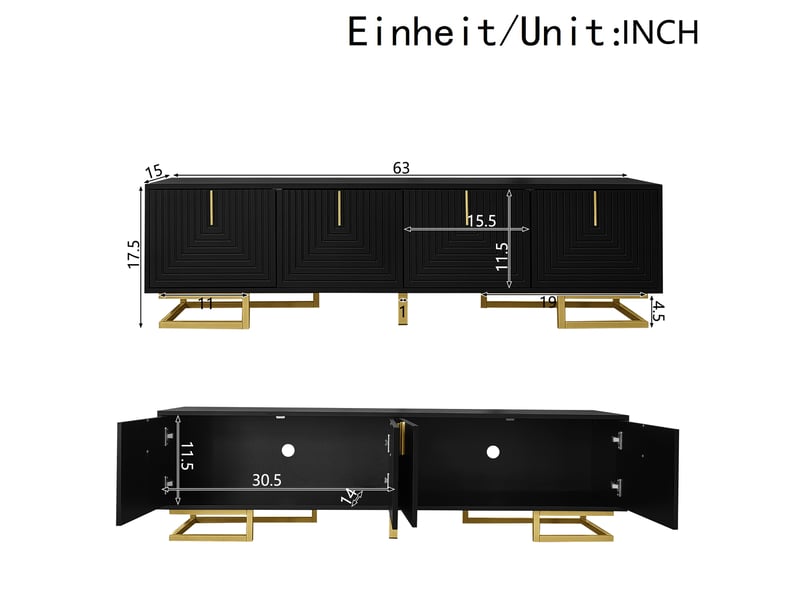  Meuble tv noir 160 cm portes texturées avec pieds dorés  - Conforama D