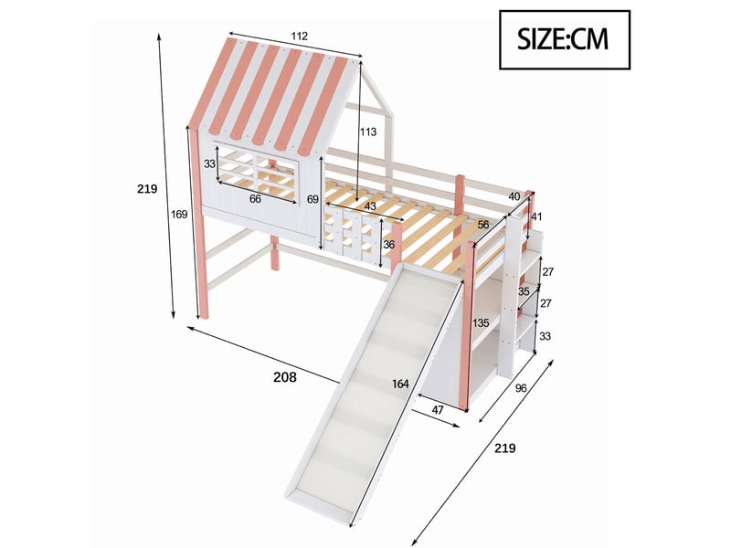  Lit mezzanine enfant 90x200 cm, avec toboggan allongé et échelle, espace rangement, bois, rose et blanc, sans matelas  - Conforama C