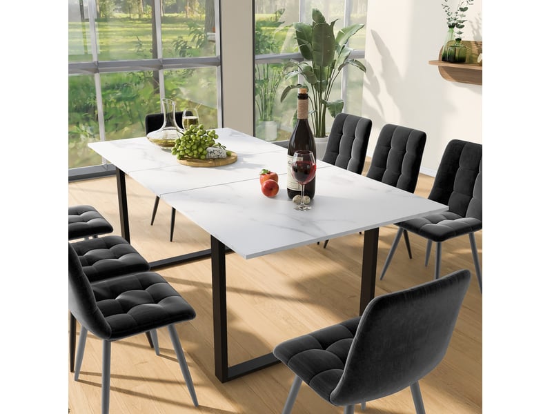  Ensemble table extensible et 8 chaises en velours gris, plateau mdf blanc, design moderne pour vos repas  - Conforama B