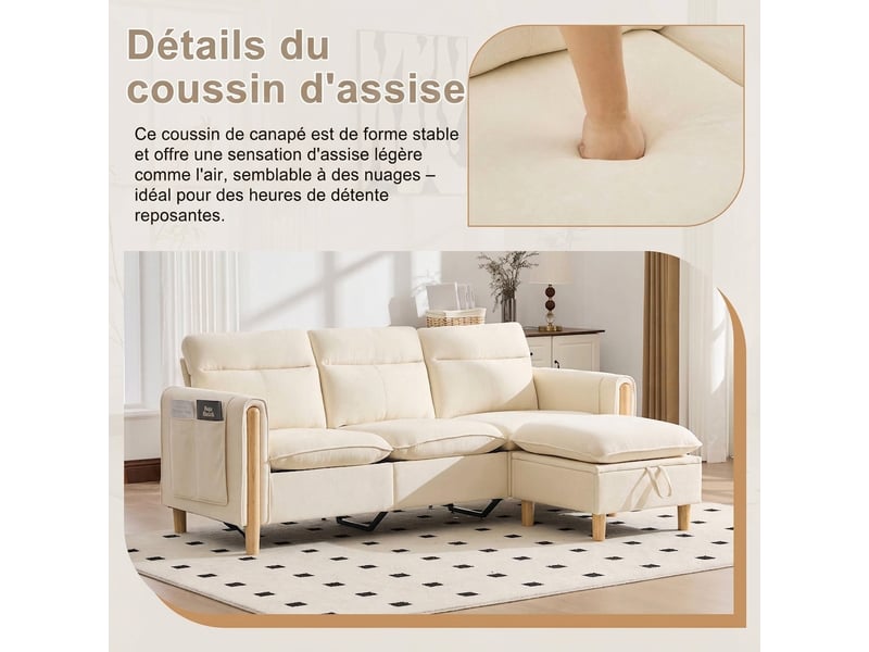  Canapé d'angle 3 places beige en chenille avec pouf de rangement - modulable 201x77x86cm  - Conforama E